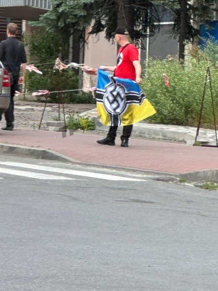 Чоловік демонструє прапор зі свастикою Чоловік демонструє прапор зі свастикою у Печерському районі Києва