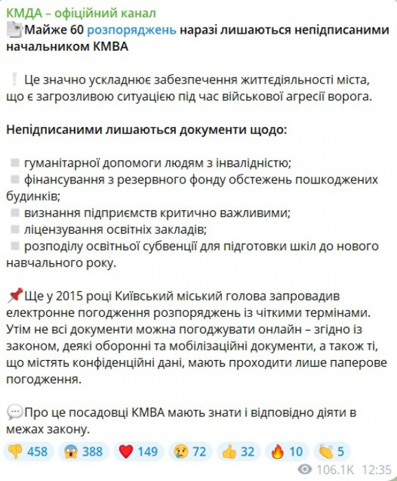 заява КМДА 7 липні Посадовці КМДА звинуватили Ткаченка у зволіканні з підписанням важливих документів