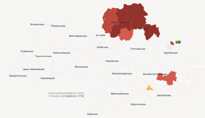 Повітряна тривога через атаку на Україну 2 вересня станом на 16:00 Атака на Україну 2 вересня