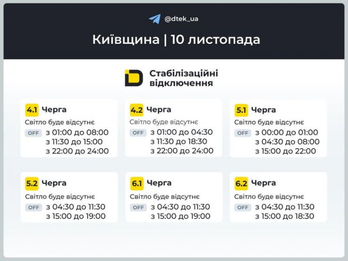 Графіки відключень на 10 листопада у Київській області
