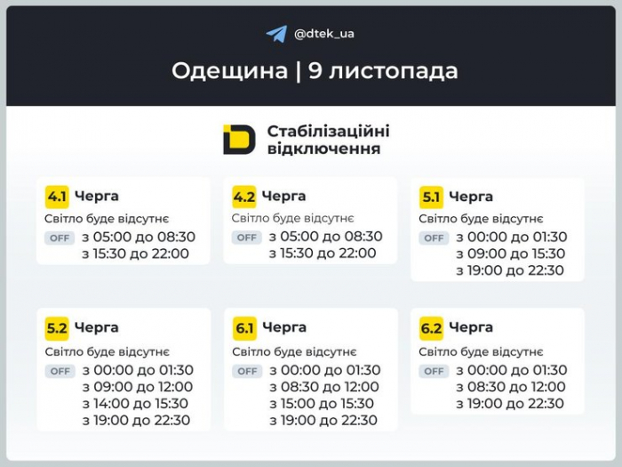 Оновлені графіки відключень у Одеській області 9 листопада