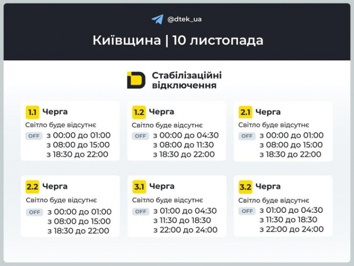Графіки відключень на 10 листопада у Київській області