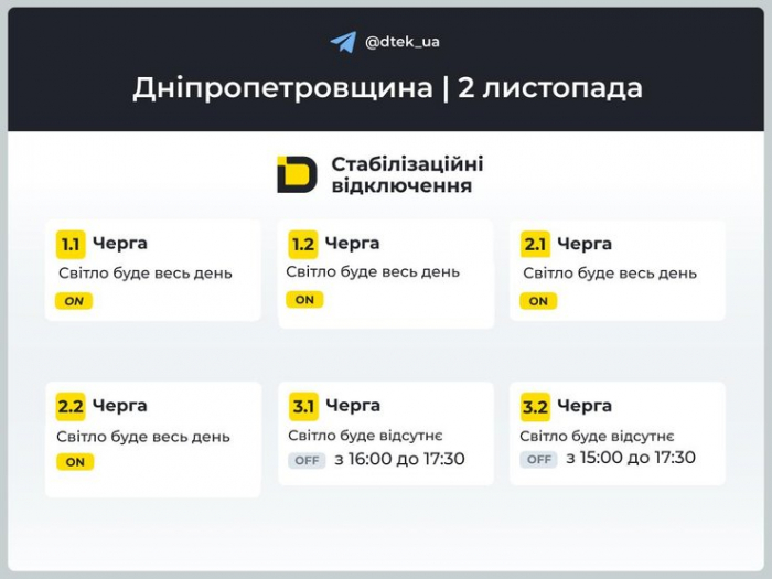 Дніпро відключення світла 2 листопада