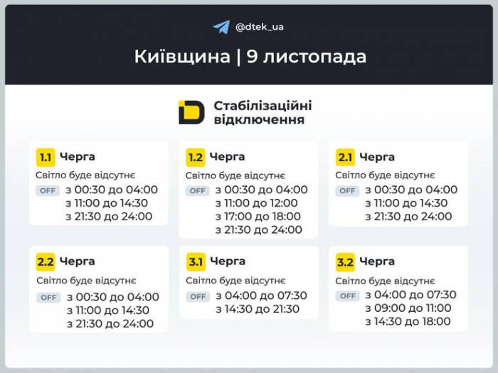 Оновлені графіки відключень у Київській області 9 листопада