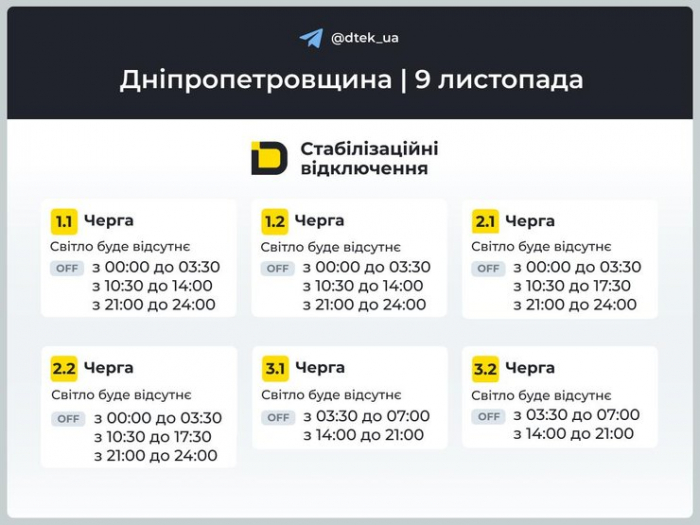 Графік відключень світла на Дніпропетровщині на 9 листопада